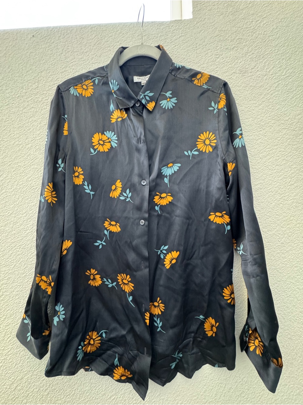 Equipment Navy 100% Silk Button-Down with Mustard Floral Print